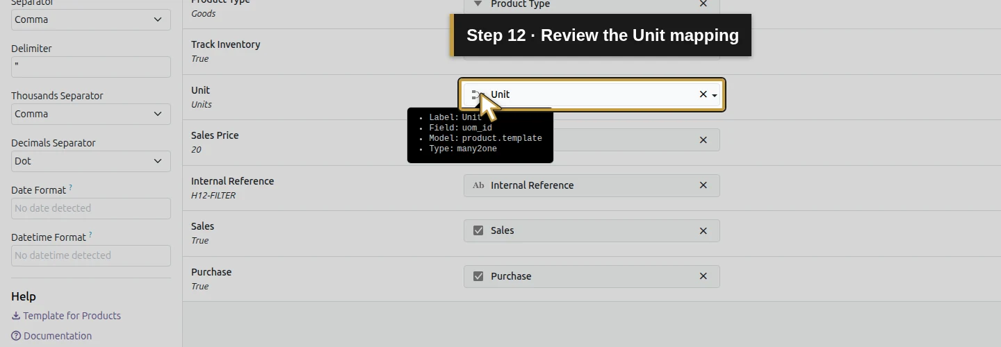 Step 12: Review the Unit mapping. The actual Odoo control is highlighted in gold.