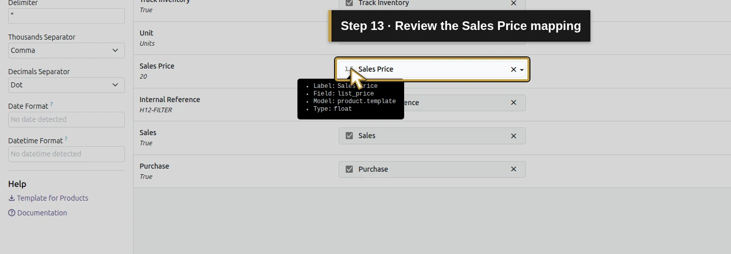 Step 13: Review the Sales Price mapping. The actual Odoo control is highlighted in gold.