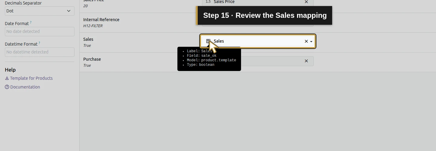 Step 15: Review the Sales mapping. The actual Odoo control is highlighted in gold.