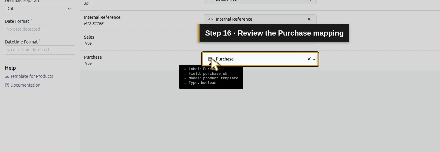 Step 16: Review the Purchase mapping. The actual Odoo control is highlighted in gold.