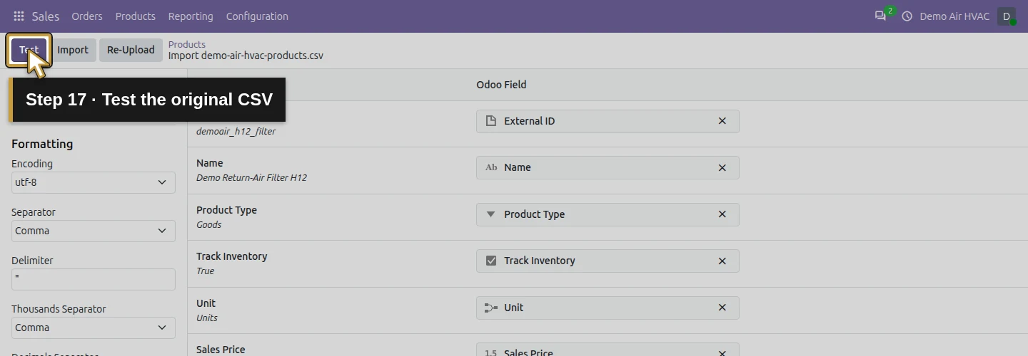 Step 17: Test the original CSV. The actual Odoo control is highlighted in gold.