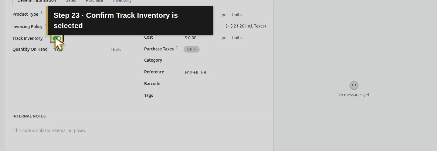 Step 23: Confirm Track Inventory is selected. The actual Odoo control is highlighted in gold.