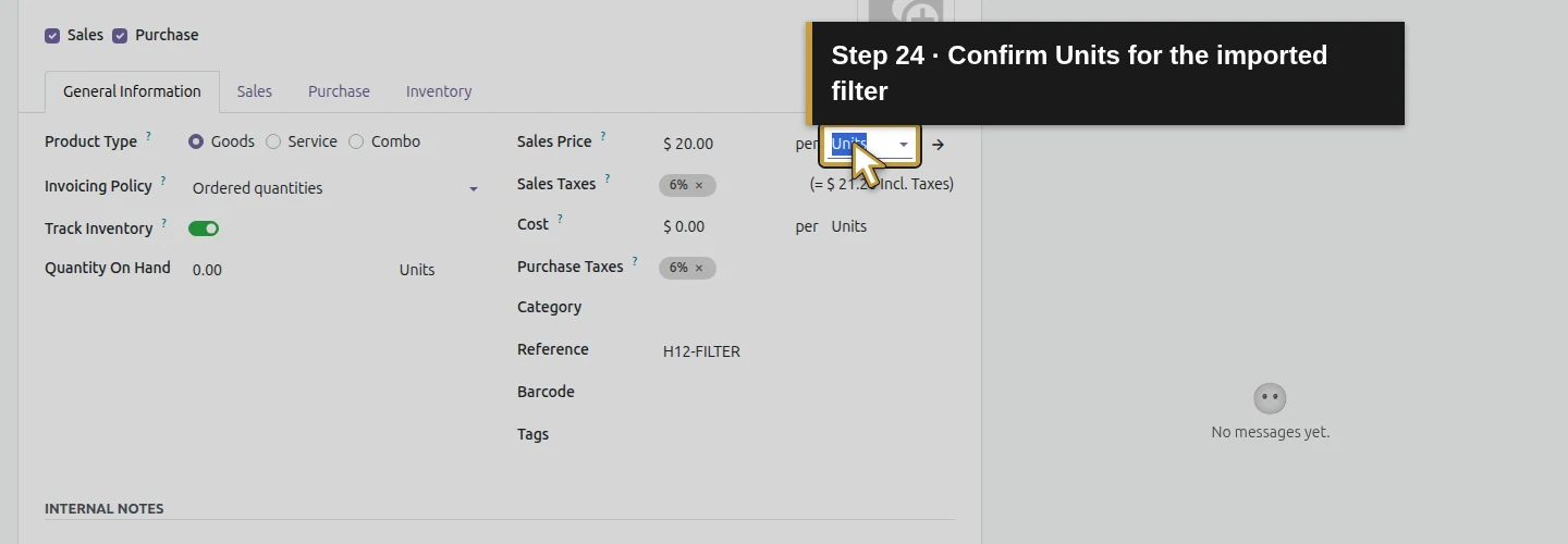 Step 24: Confirm Units for the imported filter. The actual Odoo control is highlighted in gold.