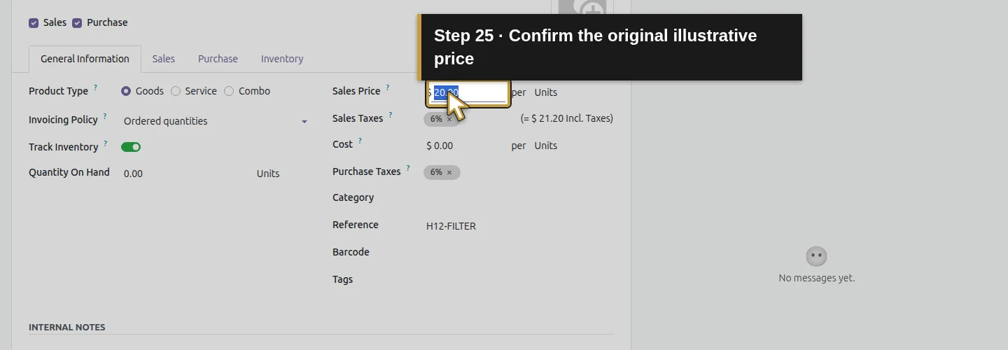 Step 25: Confirm the original illustrative price. The actual Odoo control is highlighted in gold.