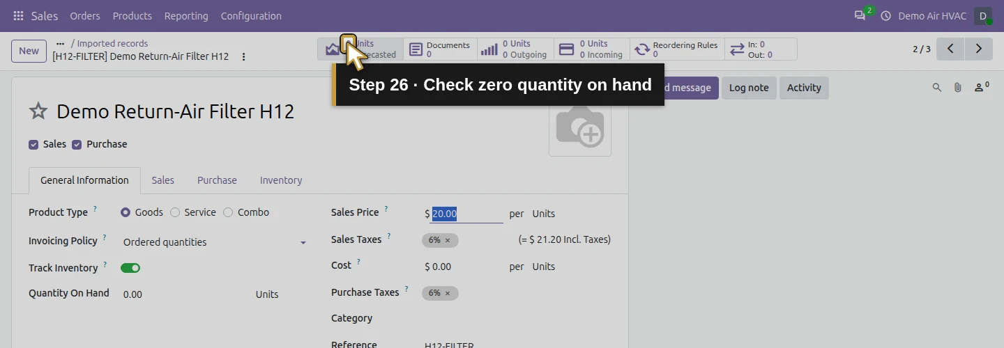 Step 26: Check zero quantity on hand. The actual Odoo control is highlighted in gold.