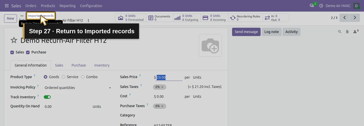 Step 27: Return to Imported records. The actual Odoo control is highlighted in gold.