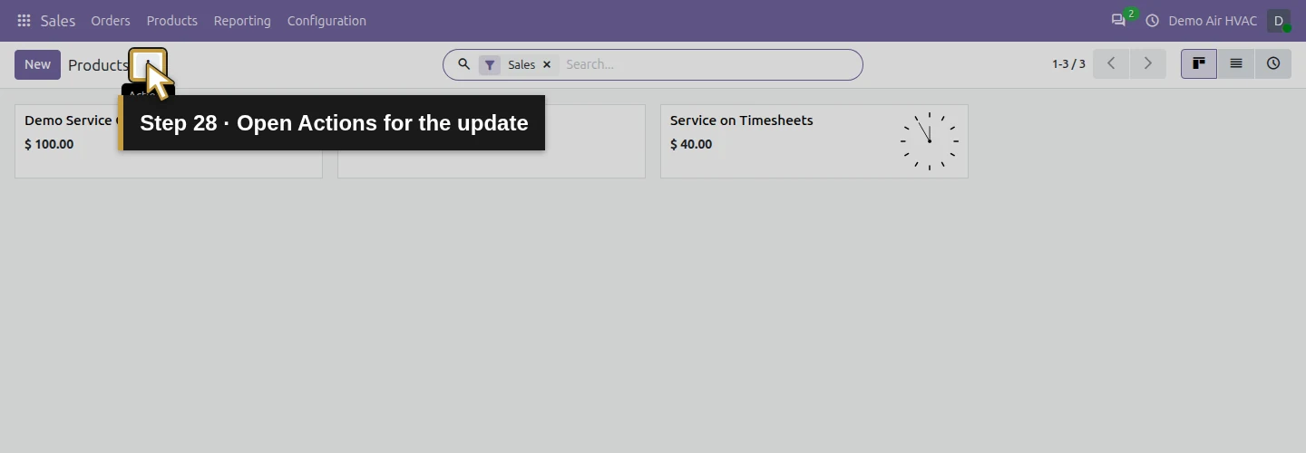Step 28: Open Actions for the update. The actual Odoo control is highlighted in gold.