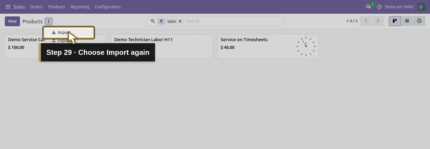 Step 29: Choose Import again. The actual Odoo control is highlighted in gold.