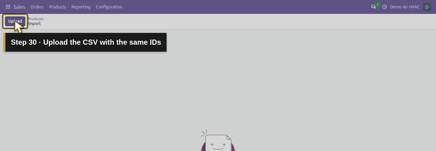 Step 30: Upload the CSV with the same IDs. The actual Odoo control is highlighted in gold.