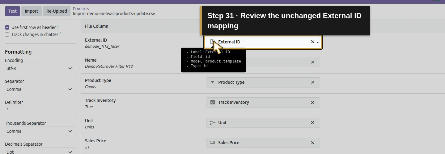 Step 31: Review the unchanged External ID mapping. The actual Odoo control is highlighted in gold.