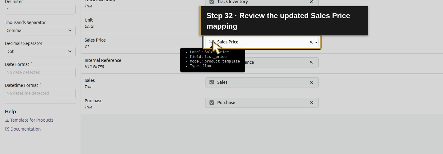 Step 32: Review the updated Sales Price mapping. The actual Odoo control is highlighted in gold.