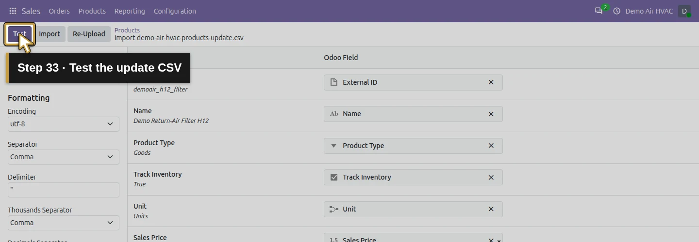 Step 33: Test the update CSV. The actual Odoo control is highlighted in gold.