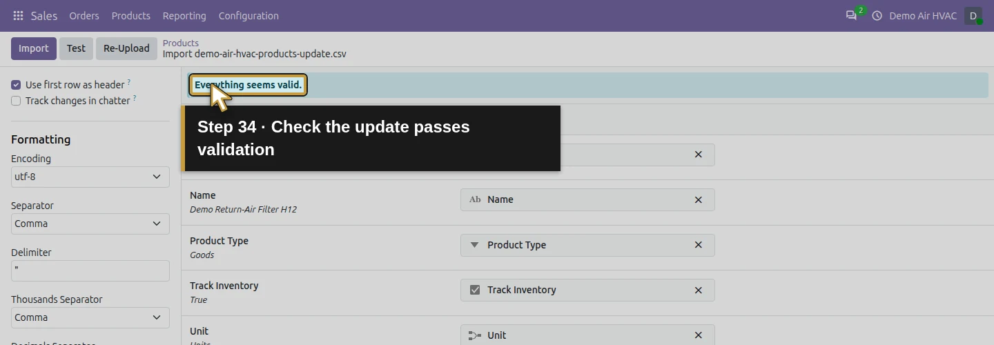 Step 34: Check the update passes validation. The actual Odoo control is highlighted in gold.