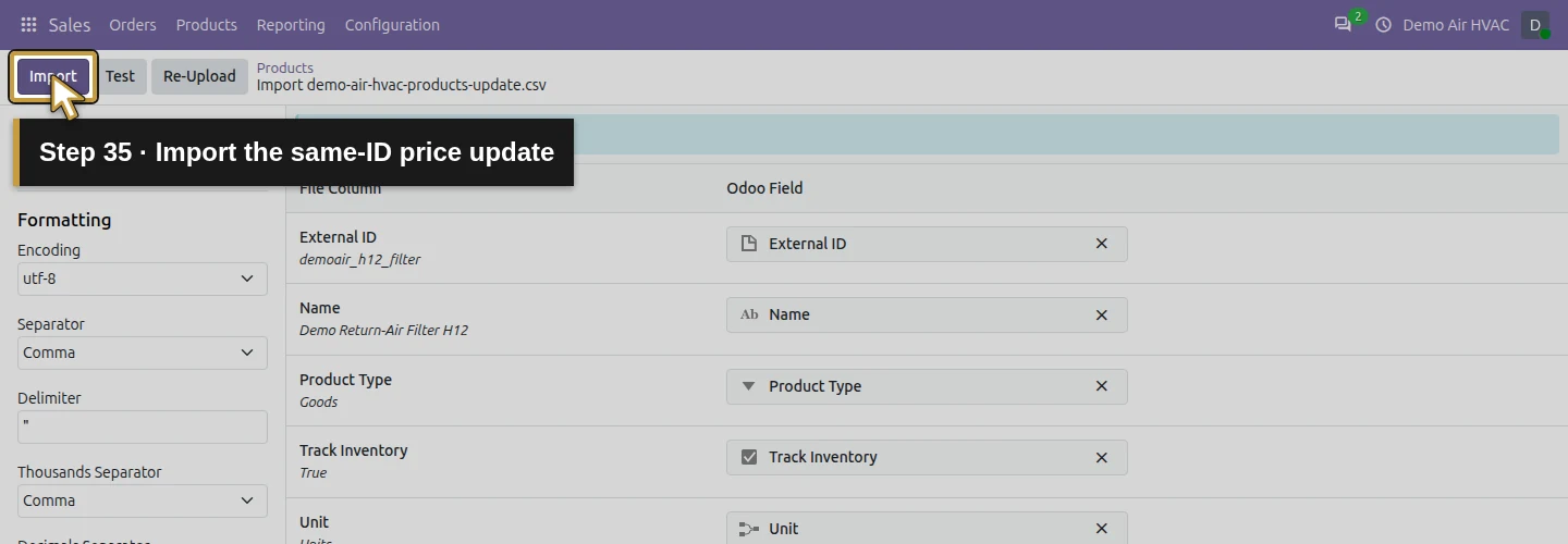 Step 35: Import the same-ID price update. The actual Odoo control is highlighted in gold.