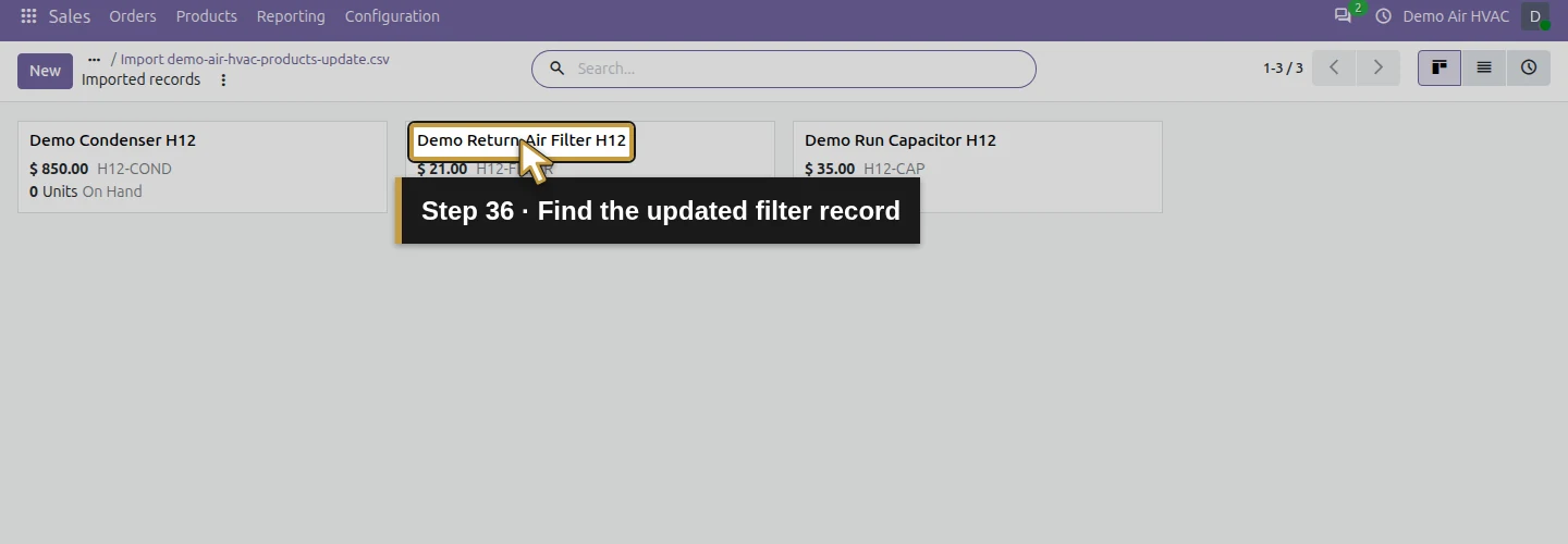 Step 36: Find the updated filter record. The actual Odoo control is highlighted in gold.
