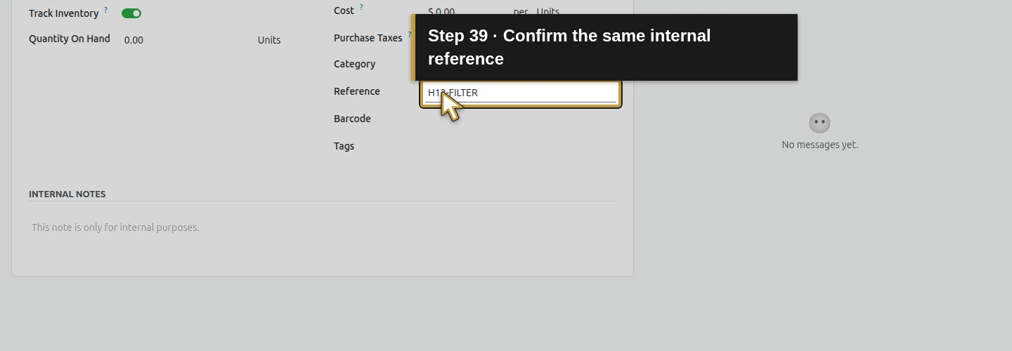 Step 39: Confirm the same internal reference. The actual Odoo control is highlighted in gold.