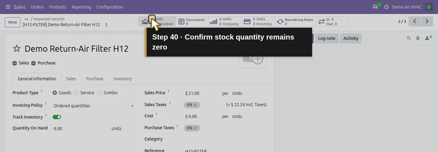 Step 40: Confirm stock quantity remains zero. The actual Odoo control is highlighted in gold.
