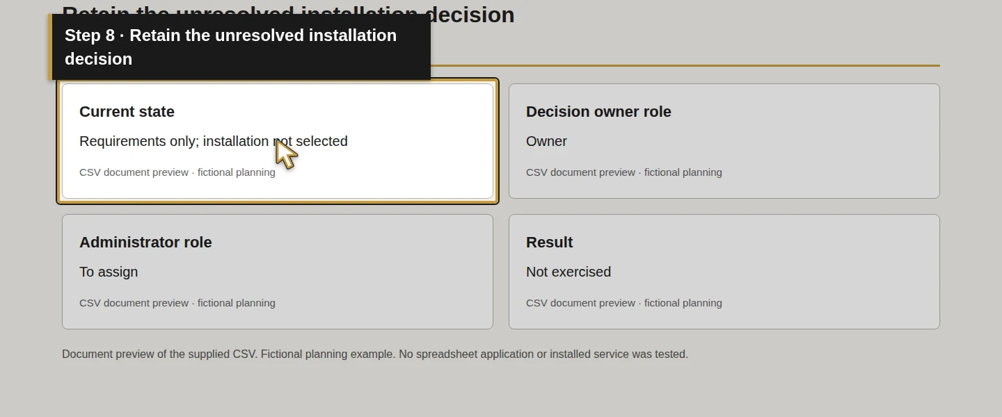 Worksheet field 8: Retain the unresolved installation decision. The actual target is highlighted in gold.