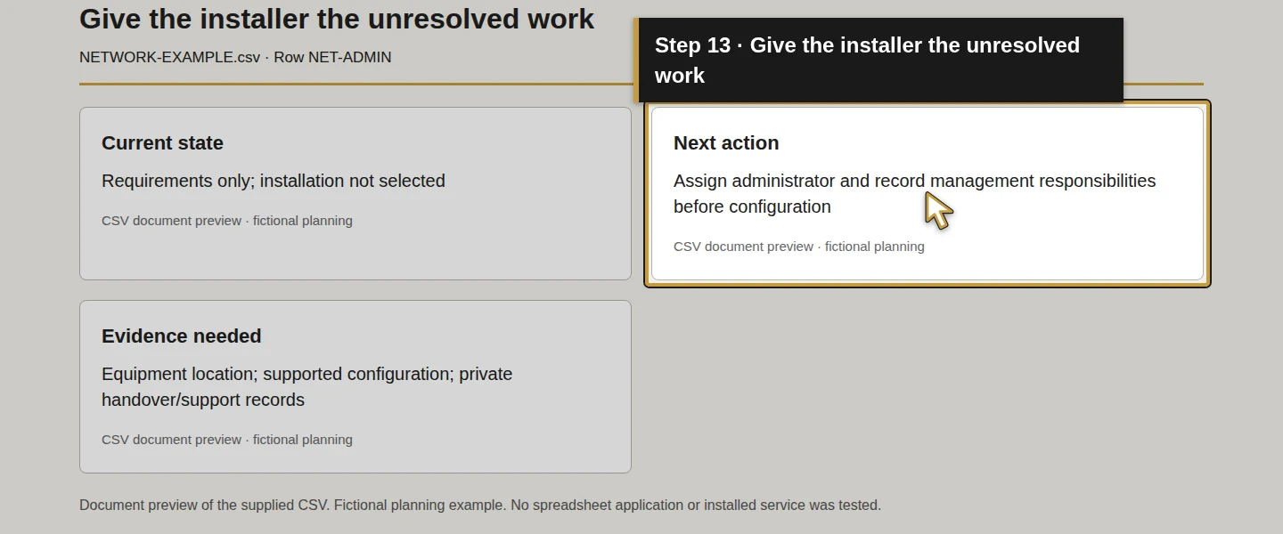 Worksheet field 13: Give the installer the unresolved work. The actual target is highlighted in gold.