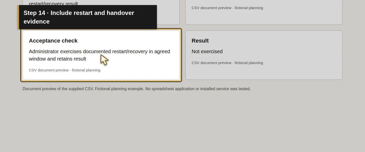 Worksheet field 14: Include restart and handover evidence. The actual target is highlighted in gold.