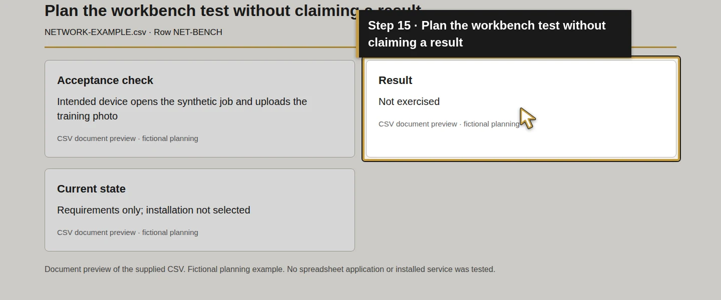 Worksheet field 15: Plan the workbench test without claiming a result. The actual target is highlighted in gold.