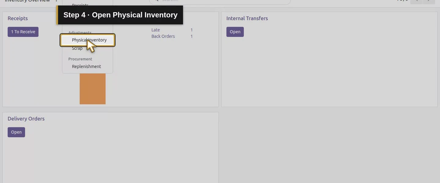Action 4: Open Physical Inventory. The actual target is highlighted in gold.
