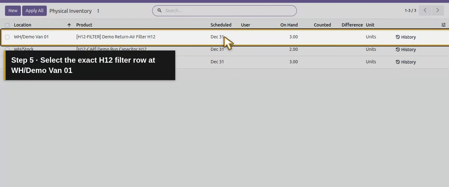 Action 5: Select the exact H12 filter row at WH/Demo Van 01. The actual target is highlighted in gold.