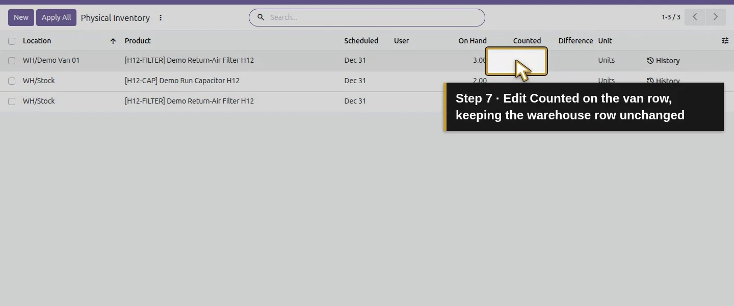 Action 7: Edit Counted on the van row, keeping the warehouse row unchanged. The actual target is highlighted in gold.