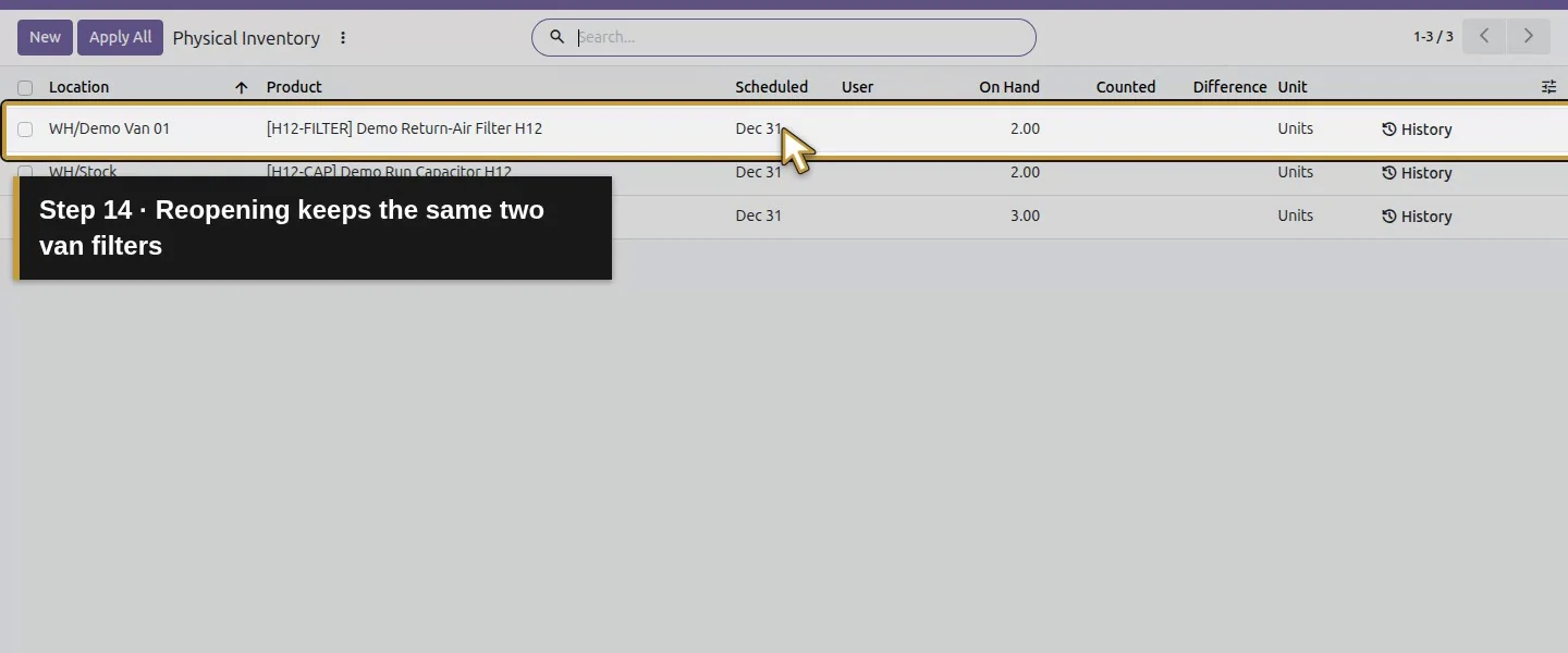 Action 14: Reopening keeps the same two van filters. The actual target is highlighted in gold.