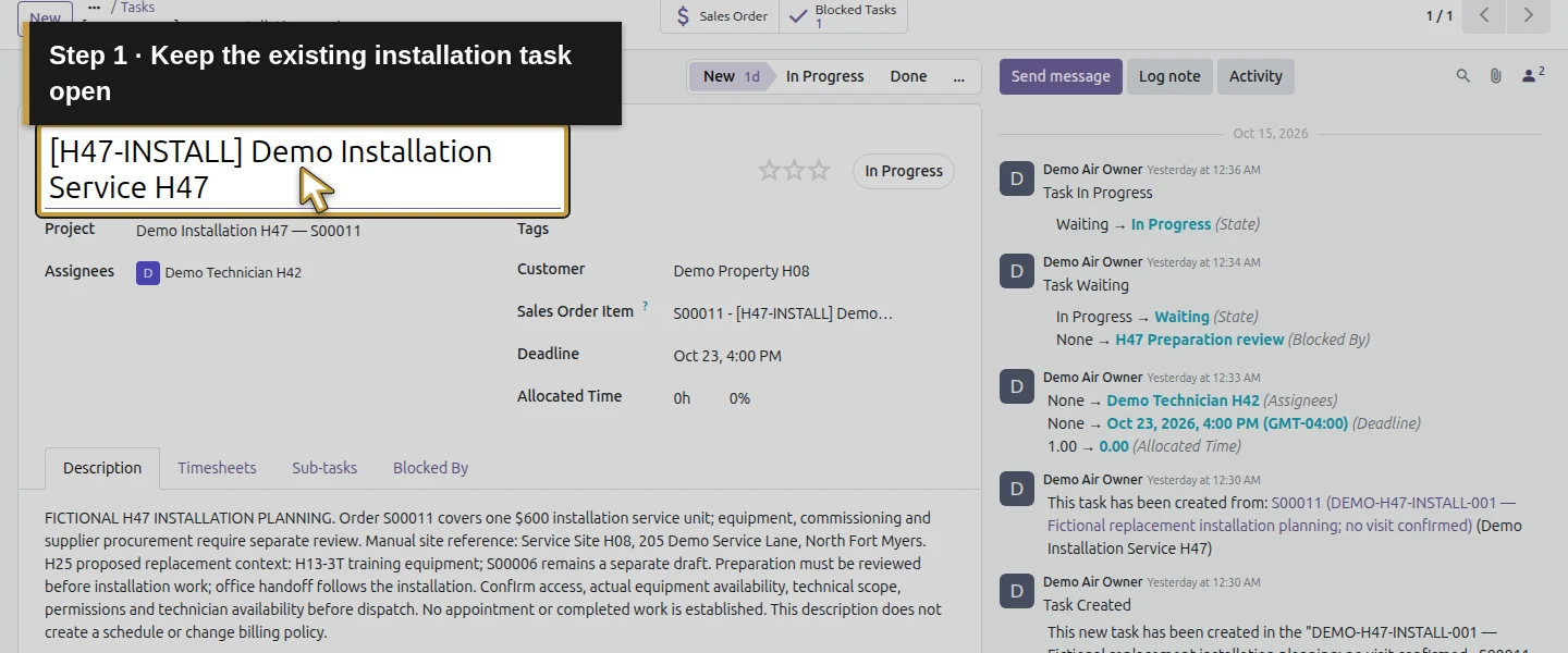 Action 1: Keep the existing installation task open. The actual target is highlighted in gold.