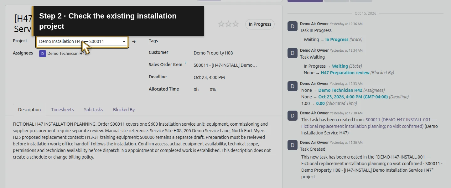 Action 2: Check the existing installation project. The actual target is highlighted in gold.