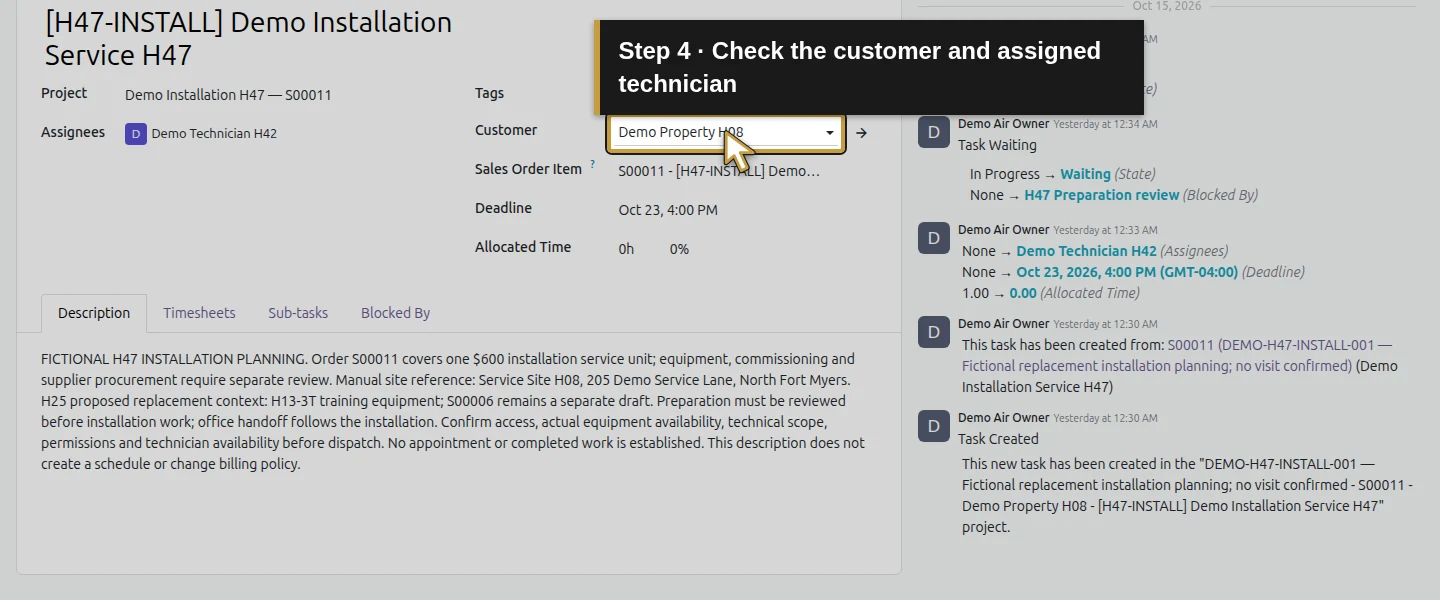 Action 4: Check the customer and assigned technician. The actual target is highlighted in gold.