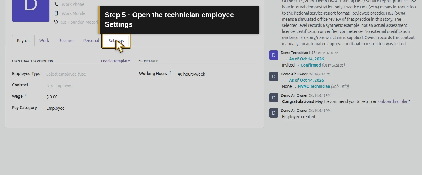 Action 5: Open the technician employee Settings. The actual target is highlighted in gold.
