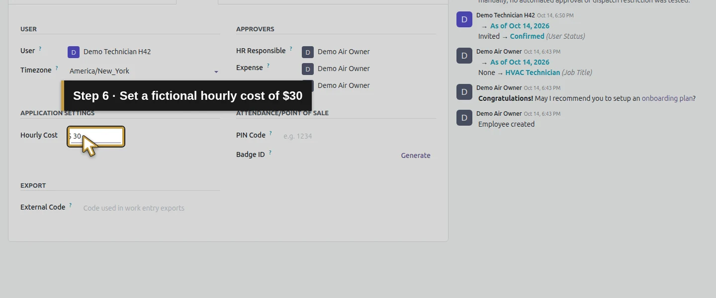 Action 6: Set a fictional hourly cost of $30. The actual target is highlighted in gold.
