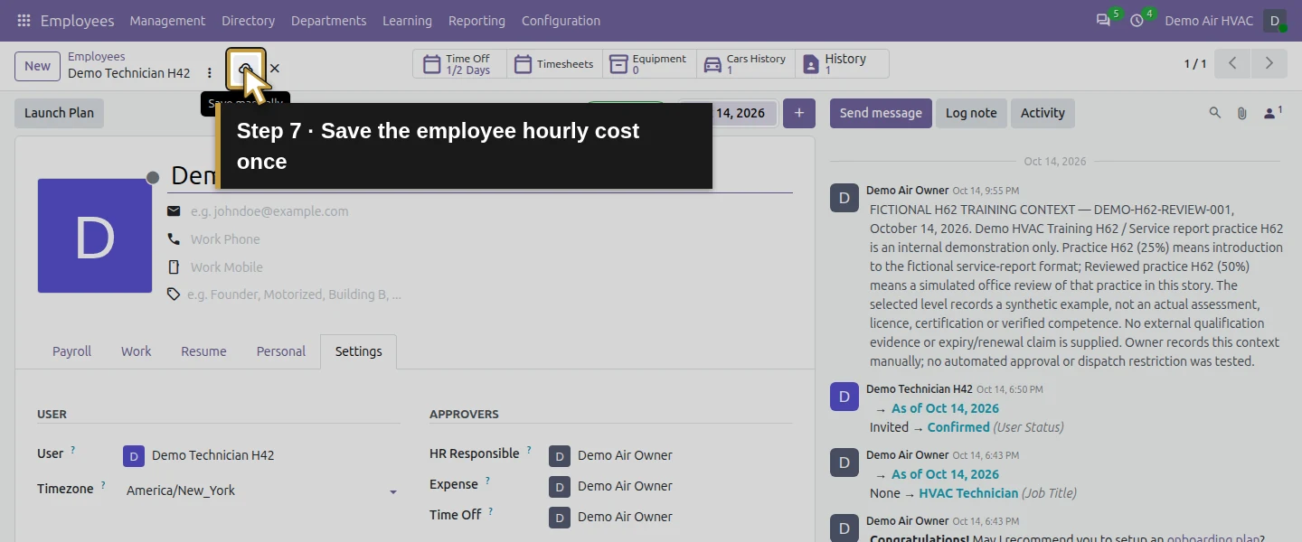 Action 7: Save the employee hourly cost once. The actual target is highlighted in gold.