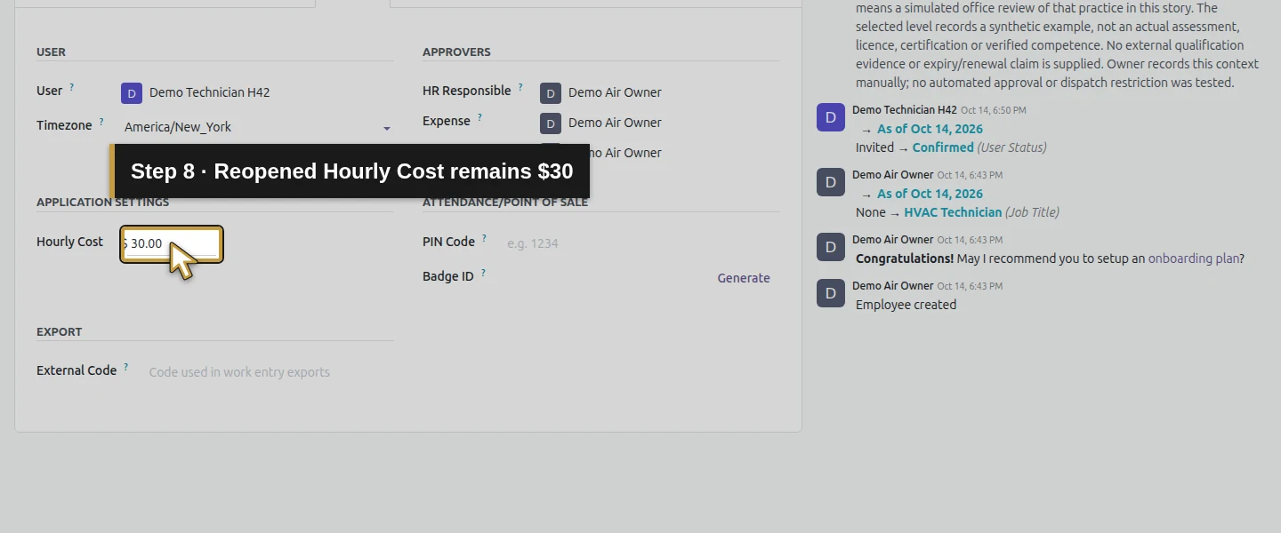Action 8: Reopened Hourly Cost remains $30. The actual target is highlighted in gold.