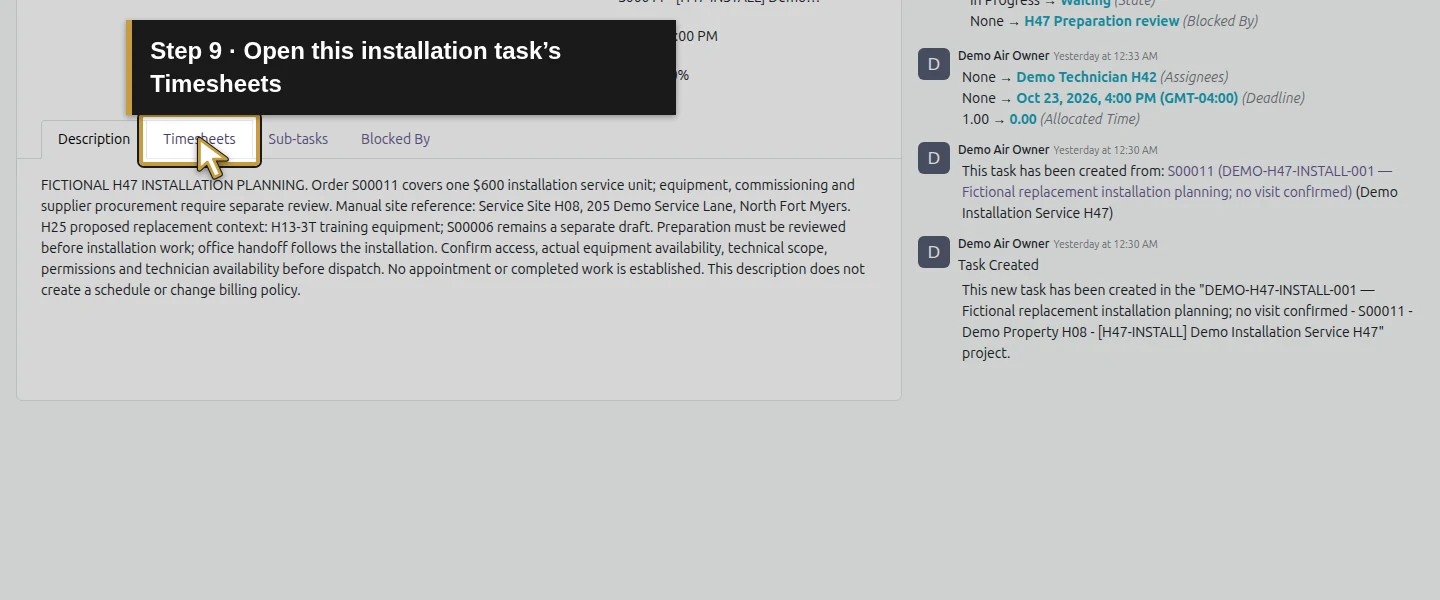 Action 9: Open this installation task’s Timesheets. The actual target is highlighted in gold.