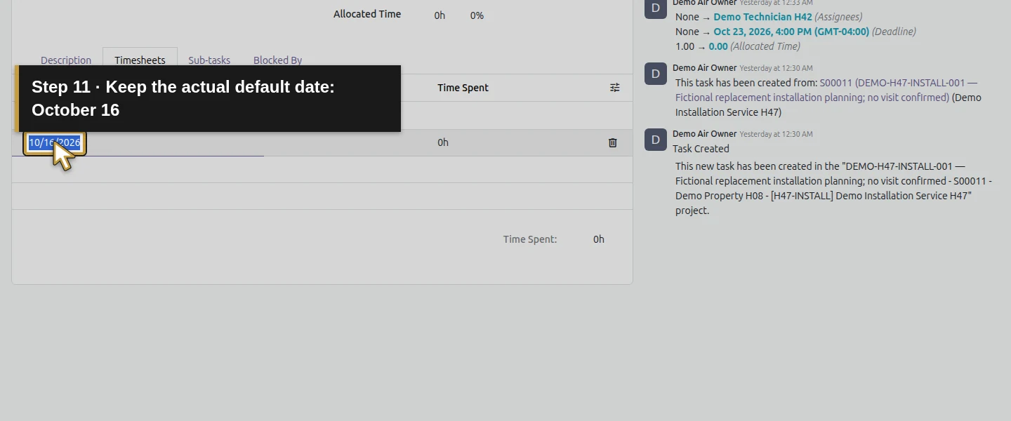 Action 11: Keep the actual default date: October 16. The actual target is highlighted in gold.