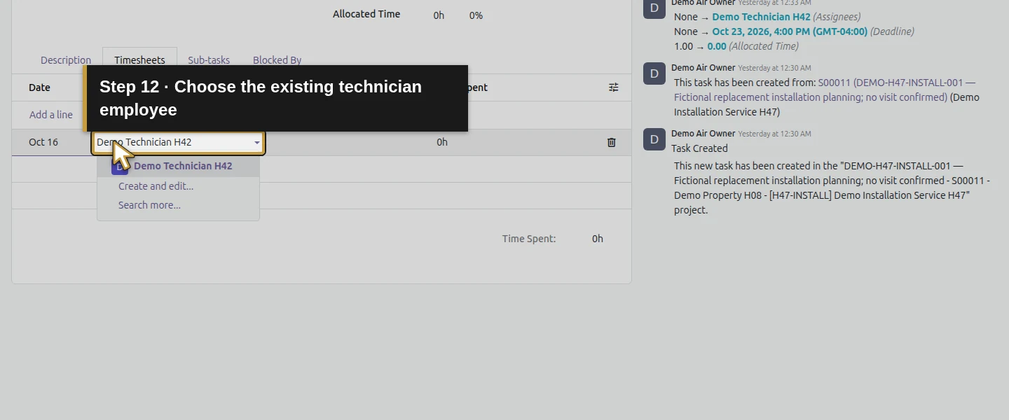 Action 12: Choose the existing technician employee. The actual target is highlighted in gold.