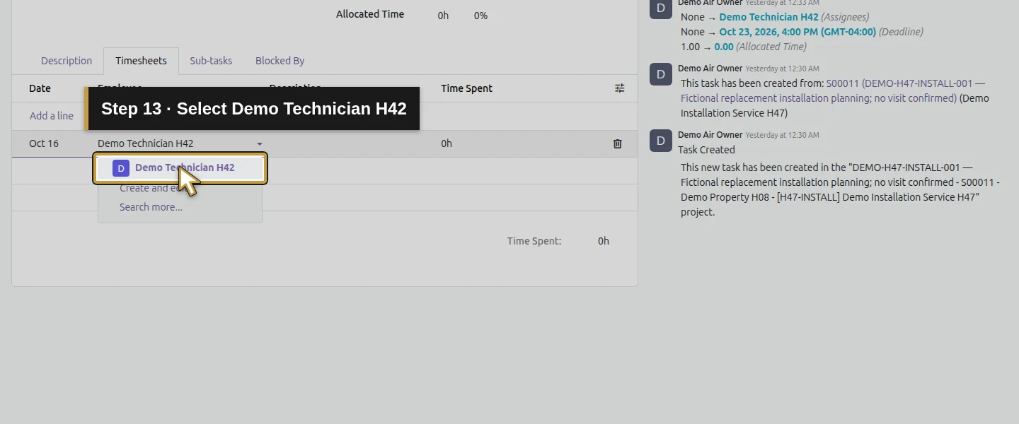 Action 13: Select Demo Technician H42. The actual target is highlighted in gold.