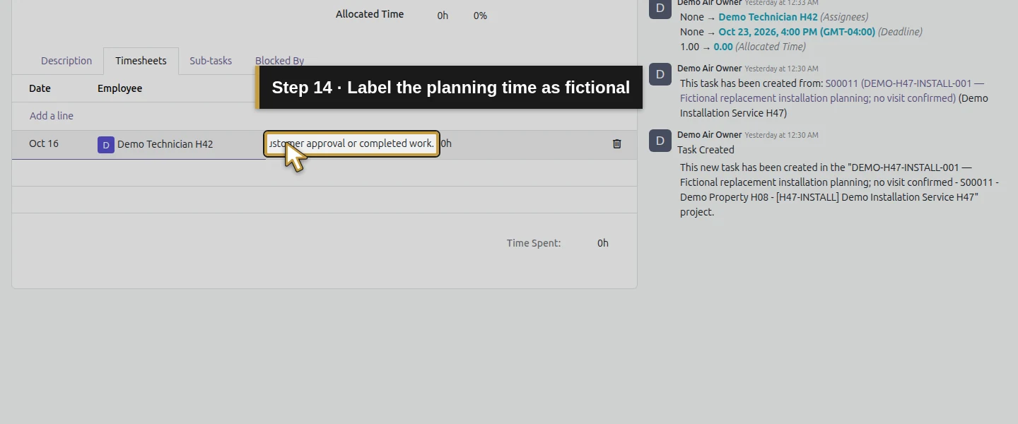 Action 14: Label the planning time as fictional. The actual target is highlighted in gold.