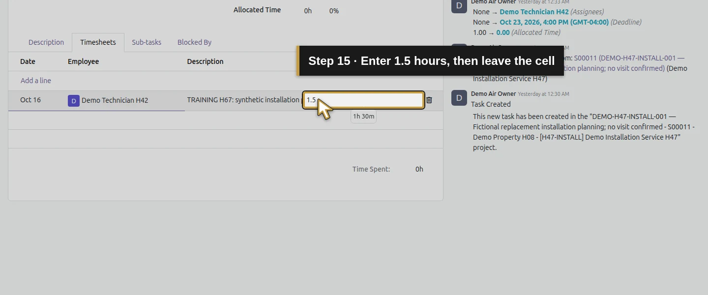 Action 15: Enter 1.5 hours, then leave the cell. The actual target is highlighted in gold.