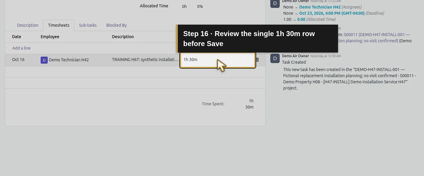 Action 16: Review the single 1h 30m row before Save. The actual target is highlighted in gold.