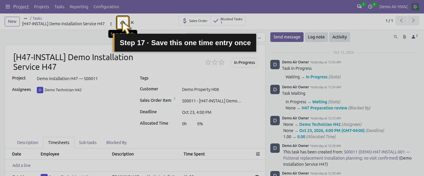 Action 17: Save this one time entry once. The actual target is highlighted in gold.