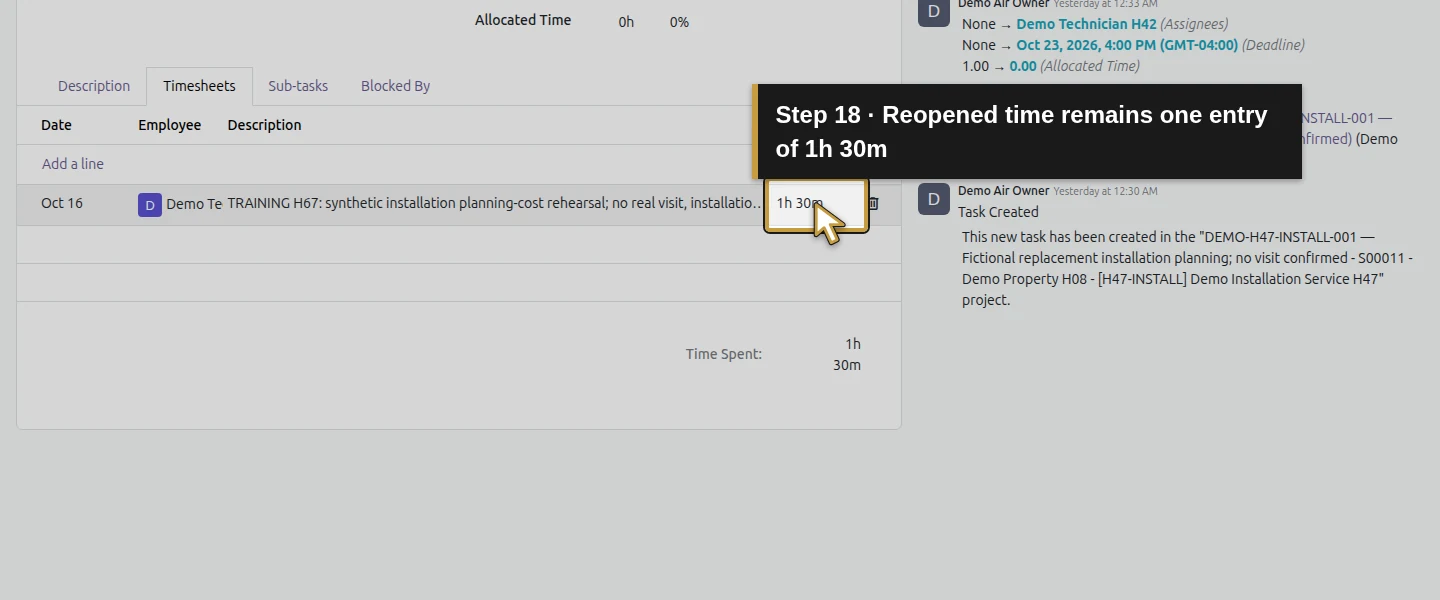 Action 18: Reopened time remains one entry of 1h 30m. The actual target is highlighted in gold.