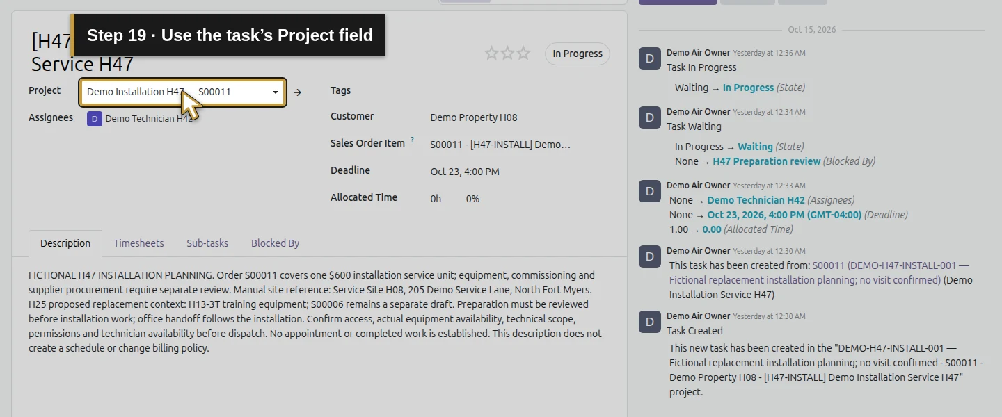 Action 19: Use the task’s Project field. The actual target is highlighted in gold.