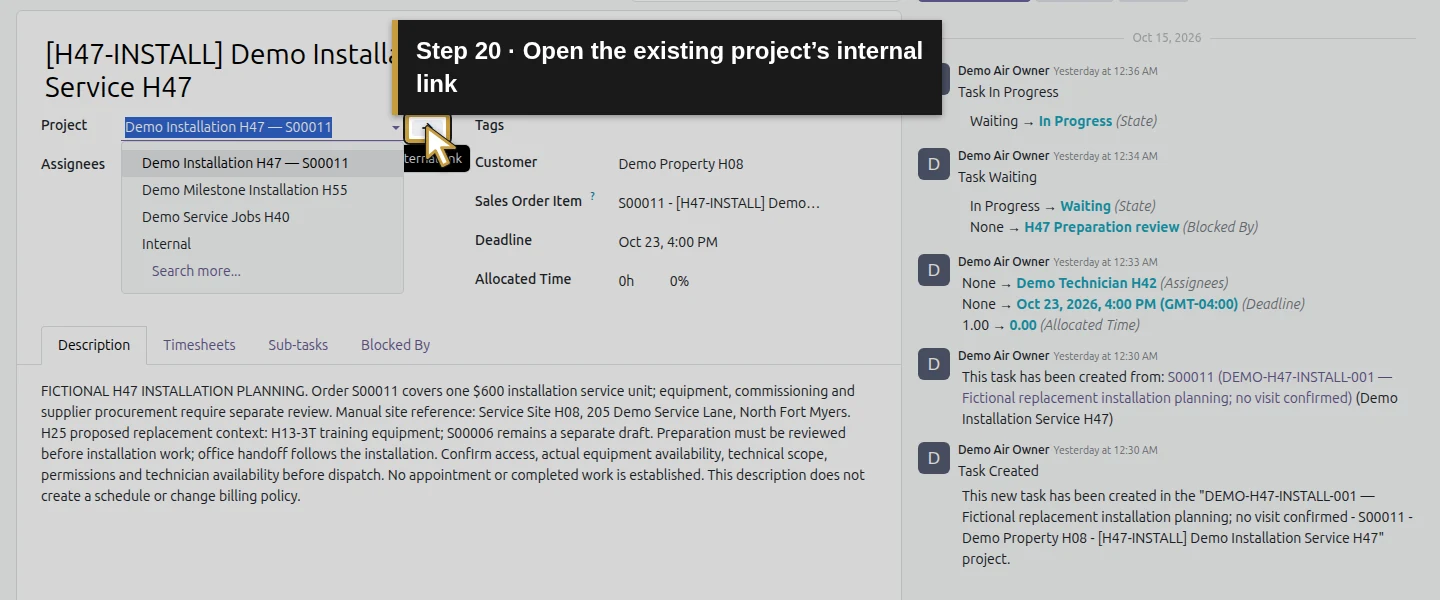 Action 20: Open the existing project’s internal link. The actual target is highlighted in gold.