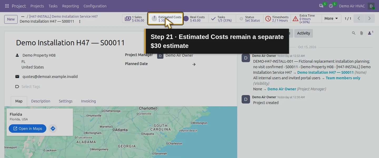 Action 21: Estimated Costs remain a separate $30 estimate. The actual target is highlighted in gold.