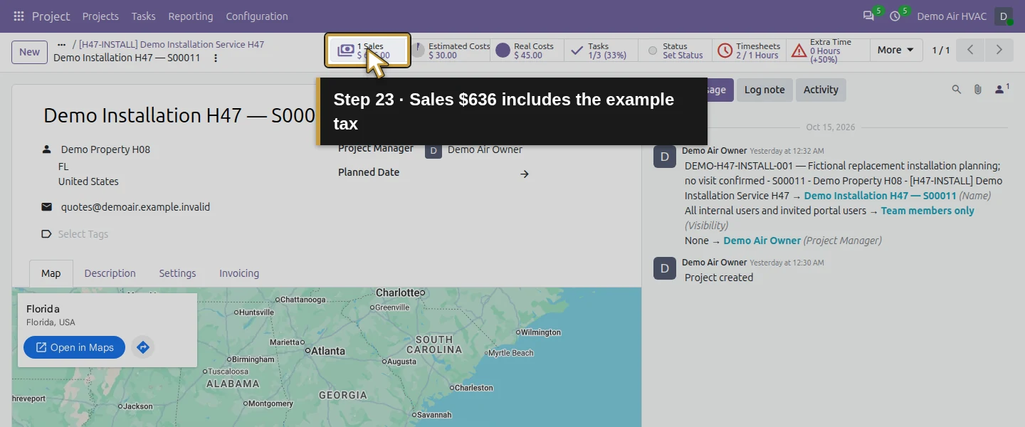 Action 23: Sales $636 includes the example tax. The actual target is highlighted in gold.