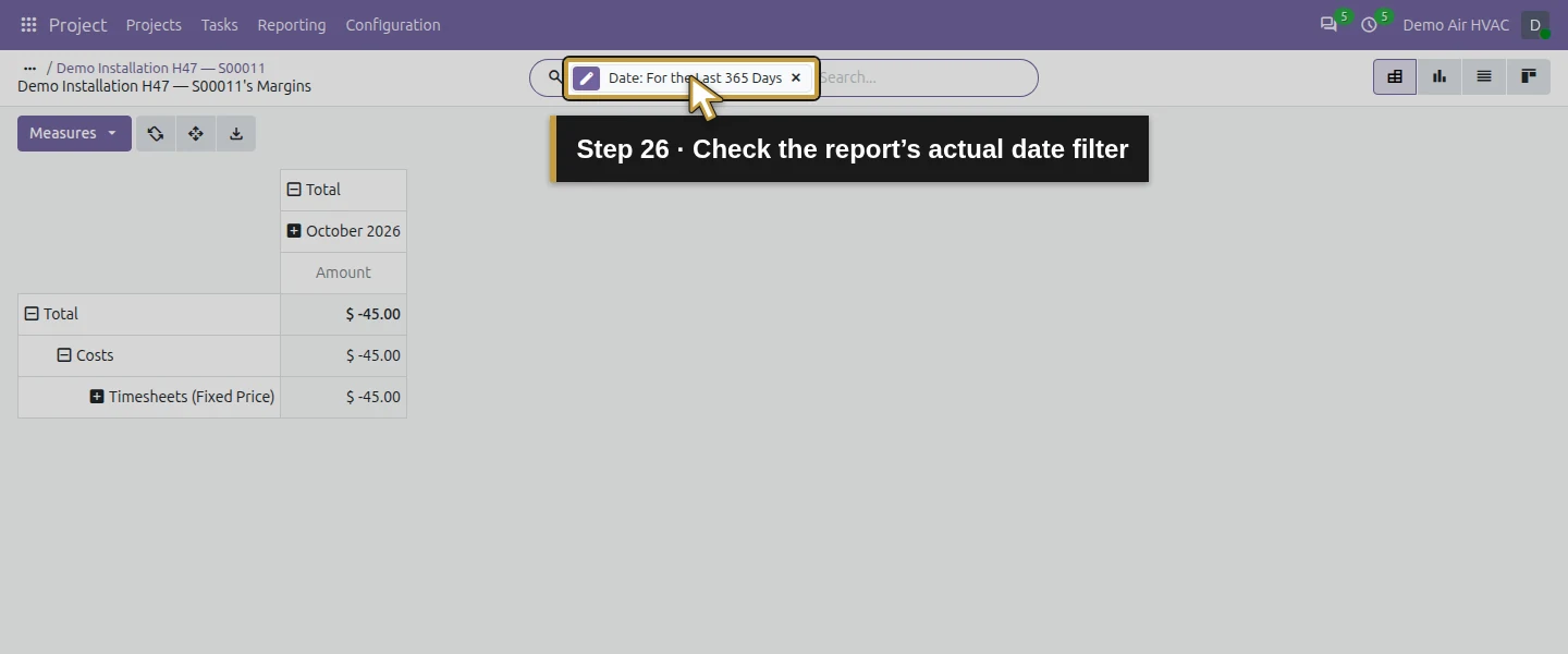 Action 26: Check the report’s actual date filter. The actual target is highlighted in gold.